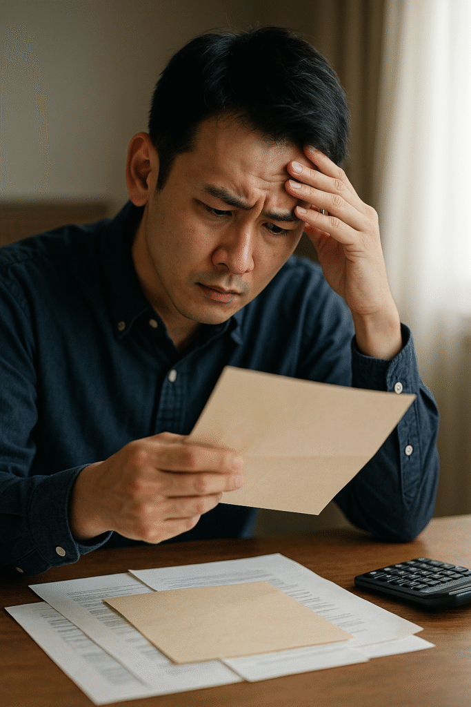 請求書や通帳を机に広げ、困った表情で家計を見直す日本人男性。ボーナス払いの負担に追われる日常。
