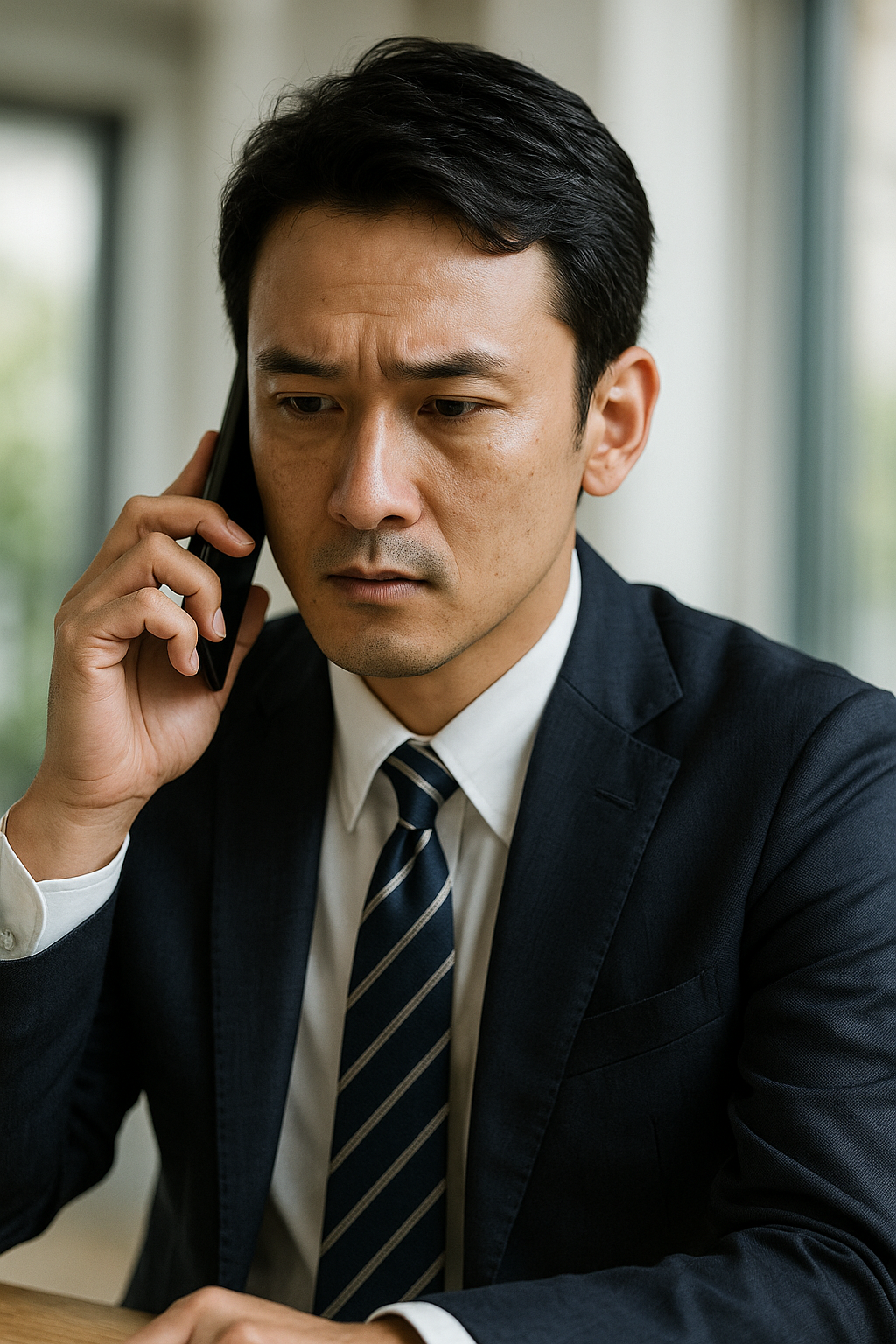 「スーツ姿の日本人男性が電話をして弁護士に相談している様子。真剣な表情で安心感を求めている雰囲気」