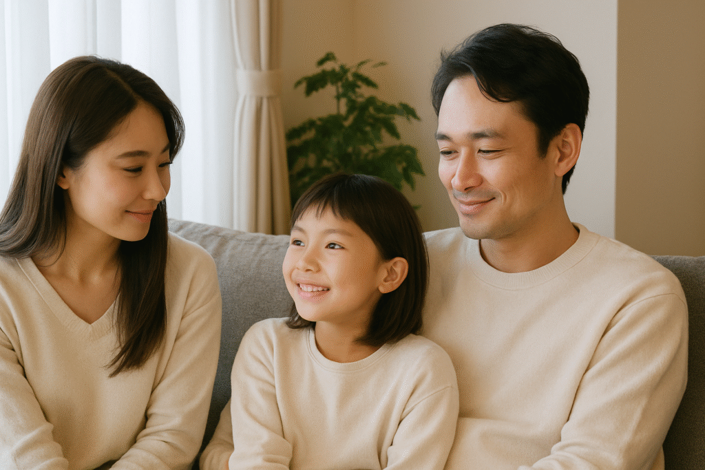 穏やかな表情で家族と過ごす30代日本人男性。自己破産後、生活を立て直しつつある様子。