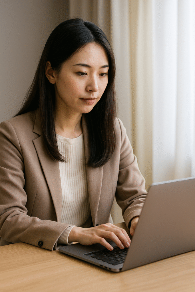 「ノートパソコンに向かってメールを入力している日本人女性。落ち着いた雰囲気で相談文を打ち込んでいる様子」