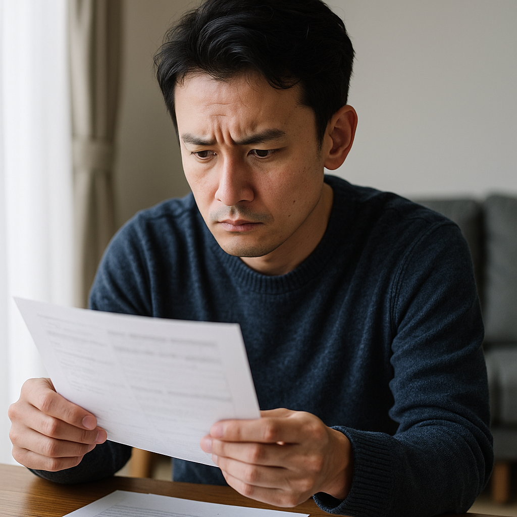 悩んだ表情で書類を見つめる30代の日本人男性。自己破産について真剣に考えている様子。