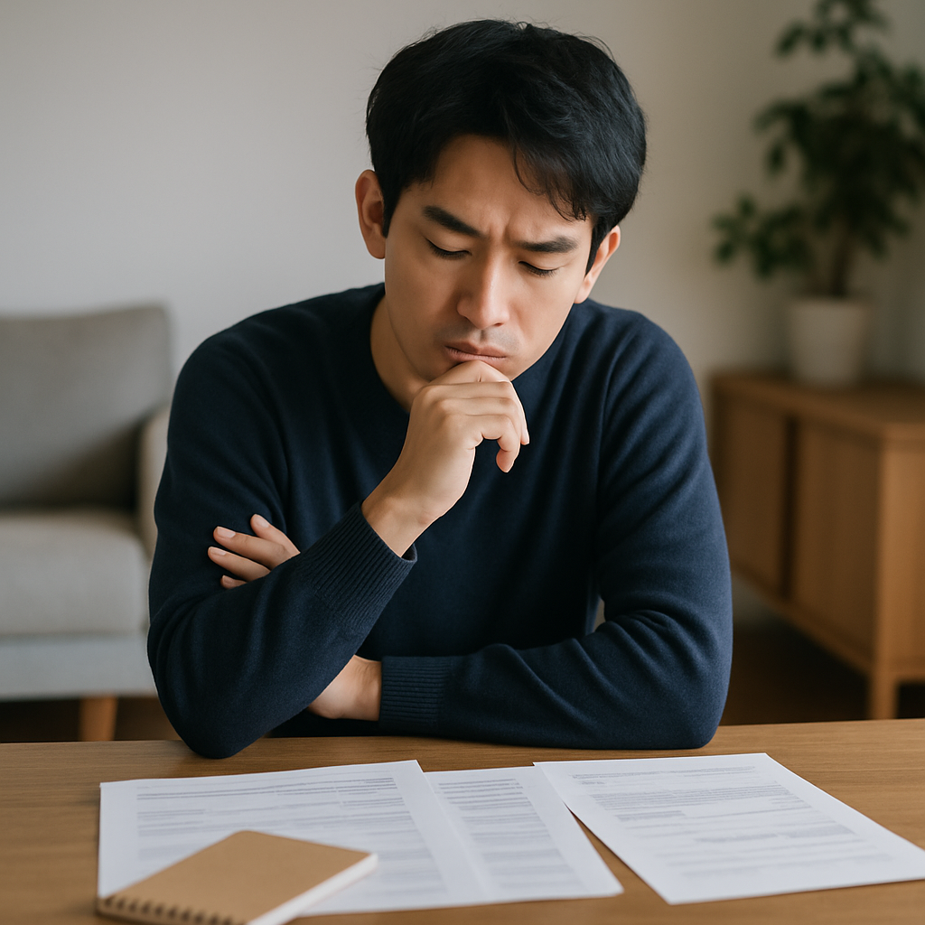 テーブルに並べた書類とメモを前に、真剣な表情で考え込む日本人の若い男性。
