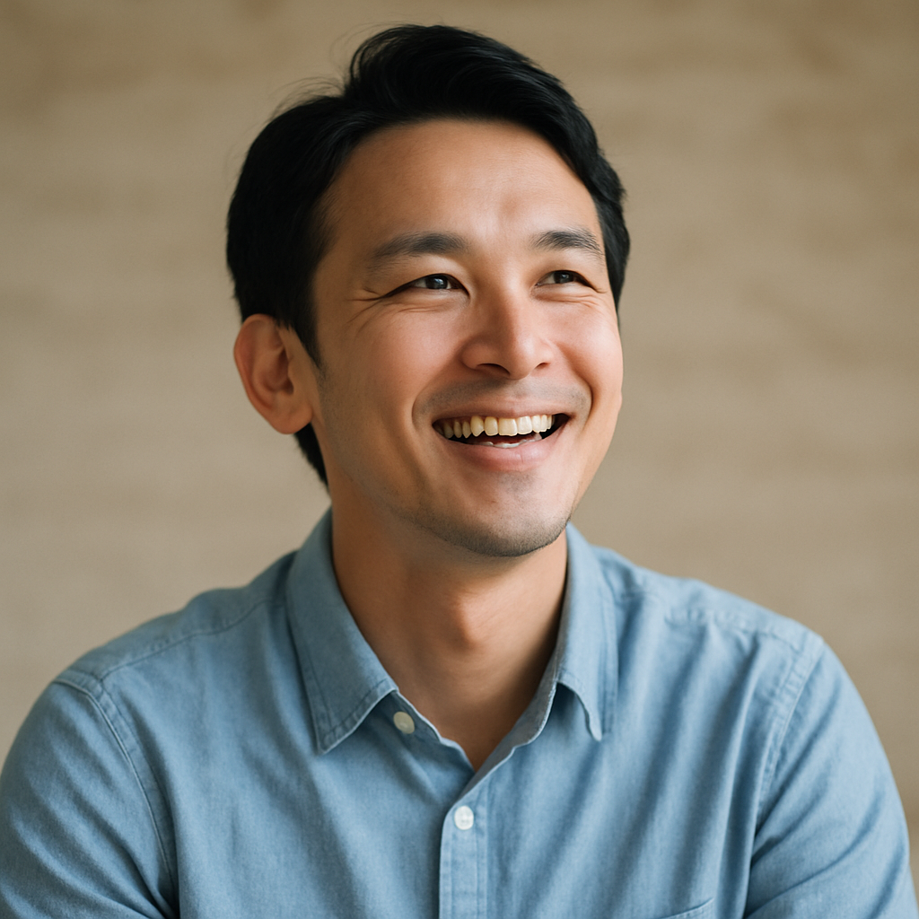 "明るい表情で未来に希望を感じている日本人男性"