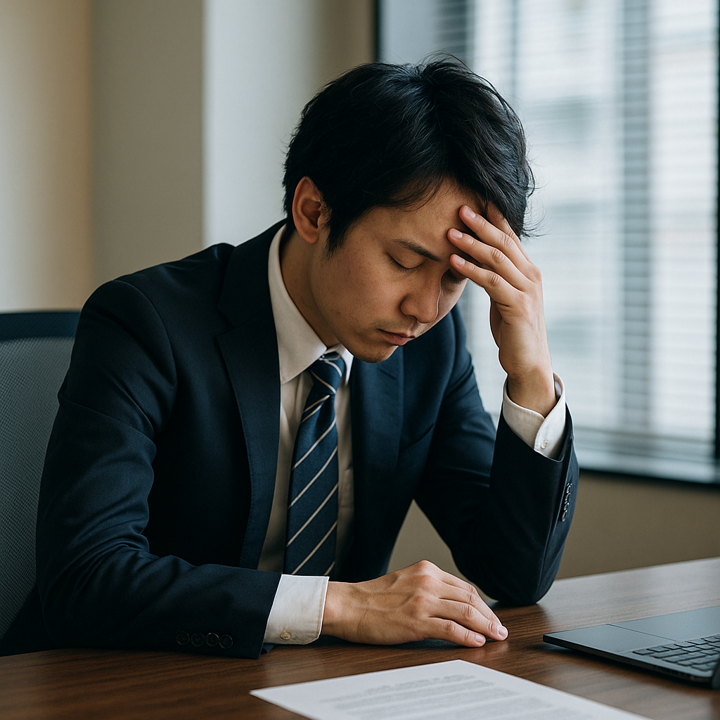 スーツ姿の男性がデスクでうつむく様子。自己破産後の転職や生活の難しさに悩んでいる雰囲気。