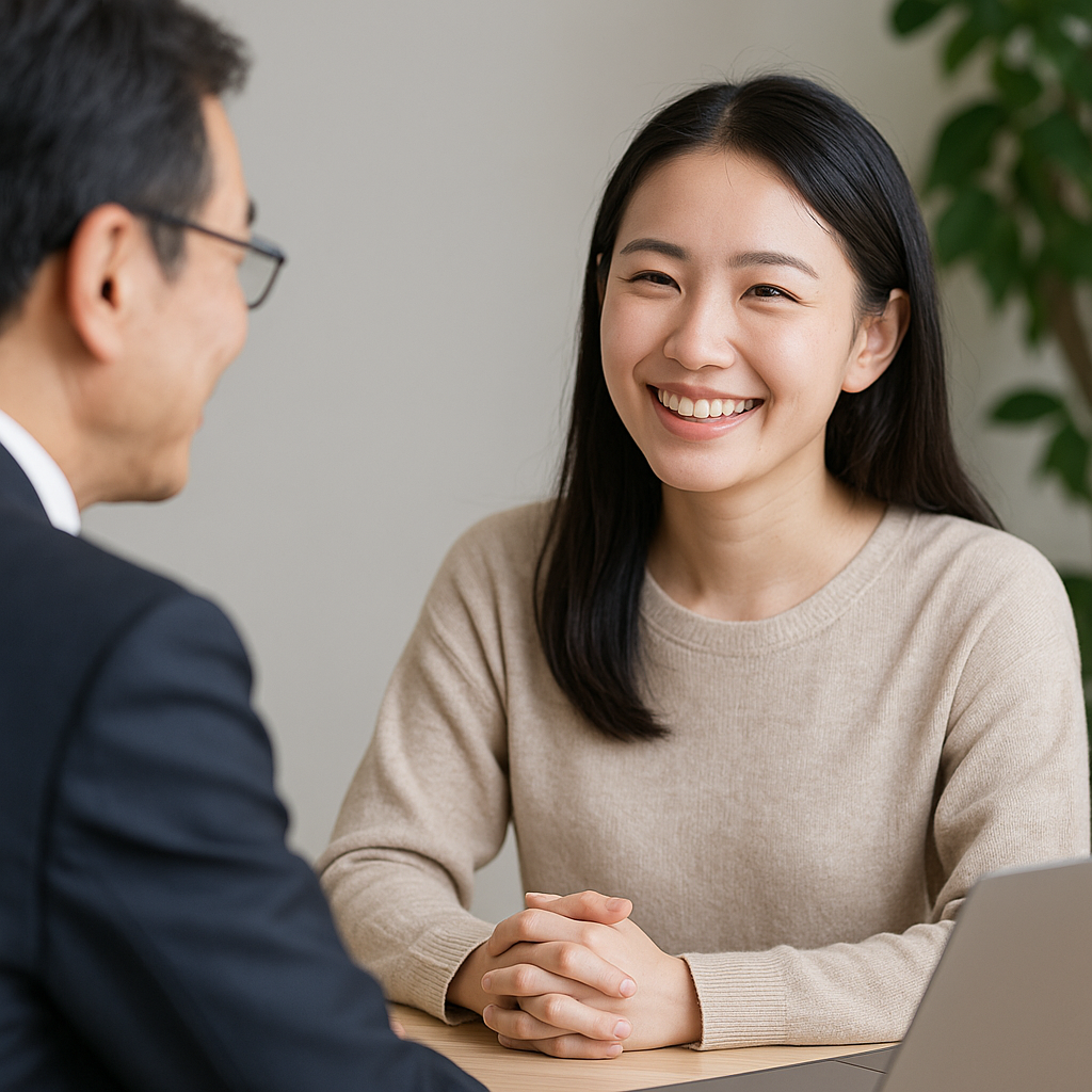 "弁護士に相談して安心した表情を見せる日本人女性"
