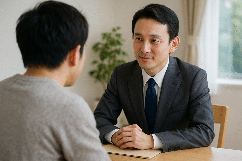 相談窓口でスーツ姿の司法書士と話す日本人男性。穏やかな雰囲気で説明を受けている様子。
