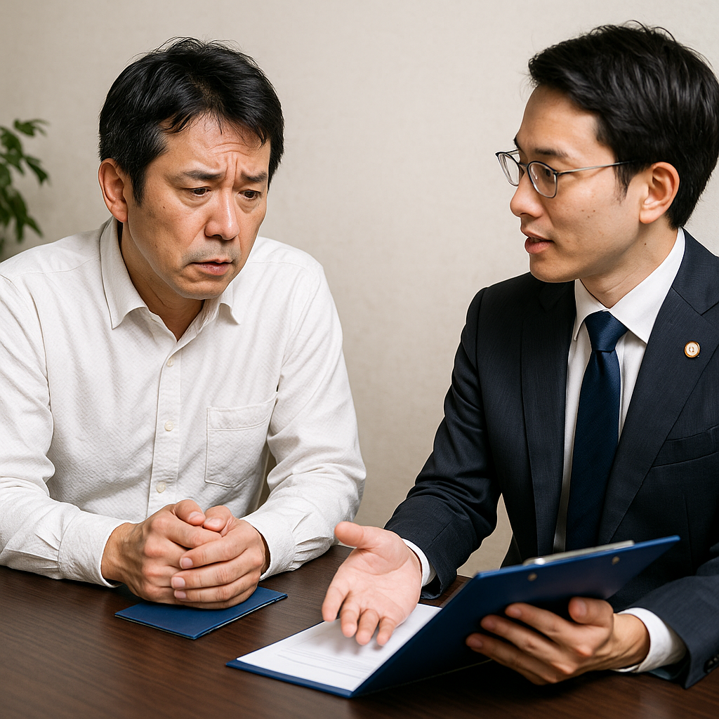 「司法書士では対応できない高額の借金に悩む日本人男性が、弁護士に相談して説明を受けているシーン」