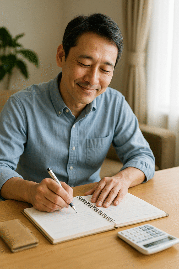 安心した表情でノートに家計簿をつける40代日本人男性。落ち着いた生活を取り戻しつつある雰囲気。