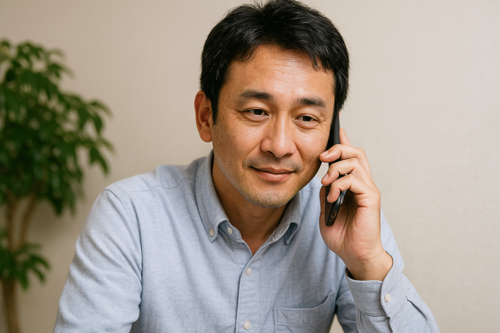 「スマホを耳に当てて弁護士に電話している日本人男性。不安そうな表情から少し安心した表情に変わる様子」