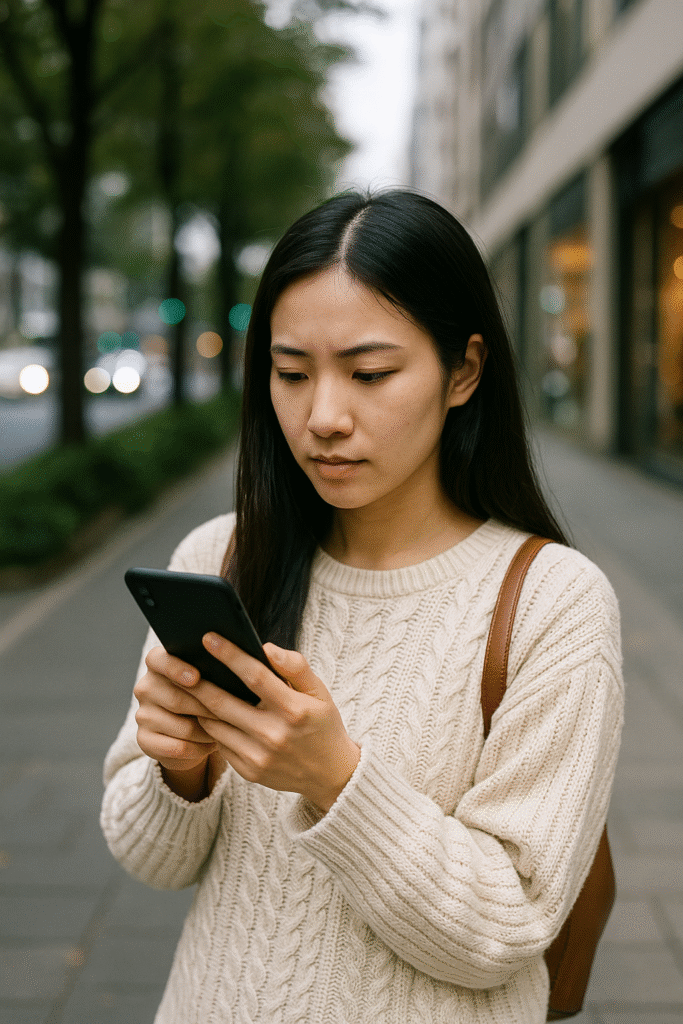 月額課金サービスの支払いエラー画面を見つめて悩む日本人女性