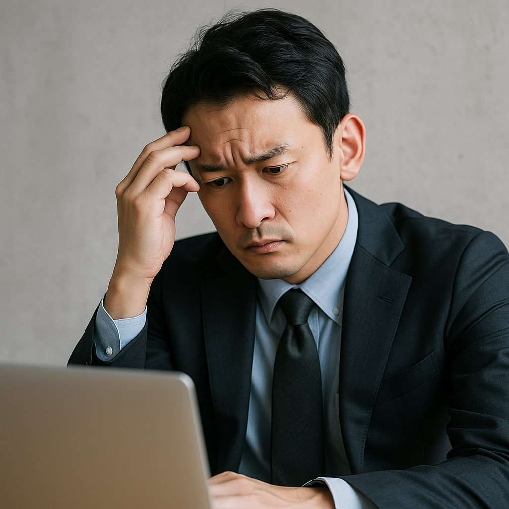 "自己破産後に転職活動で悩む表情の日本人男性"