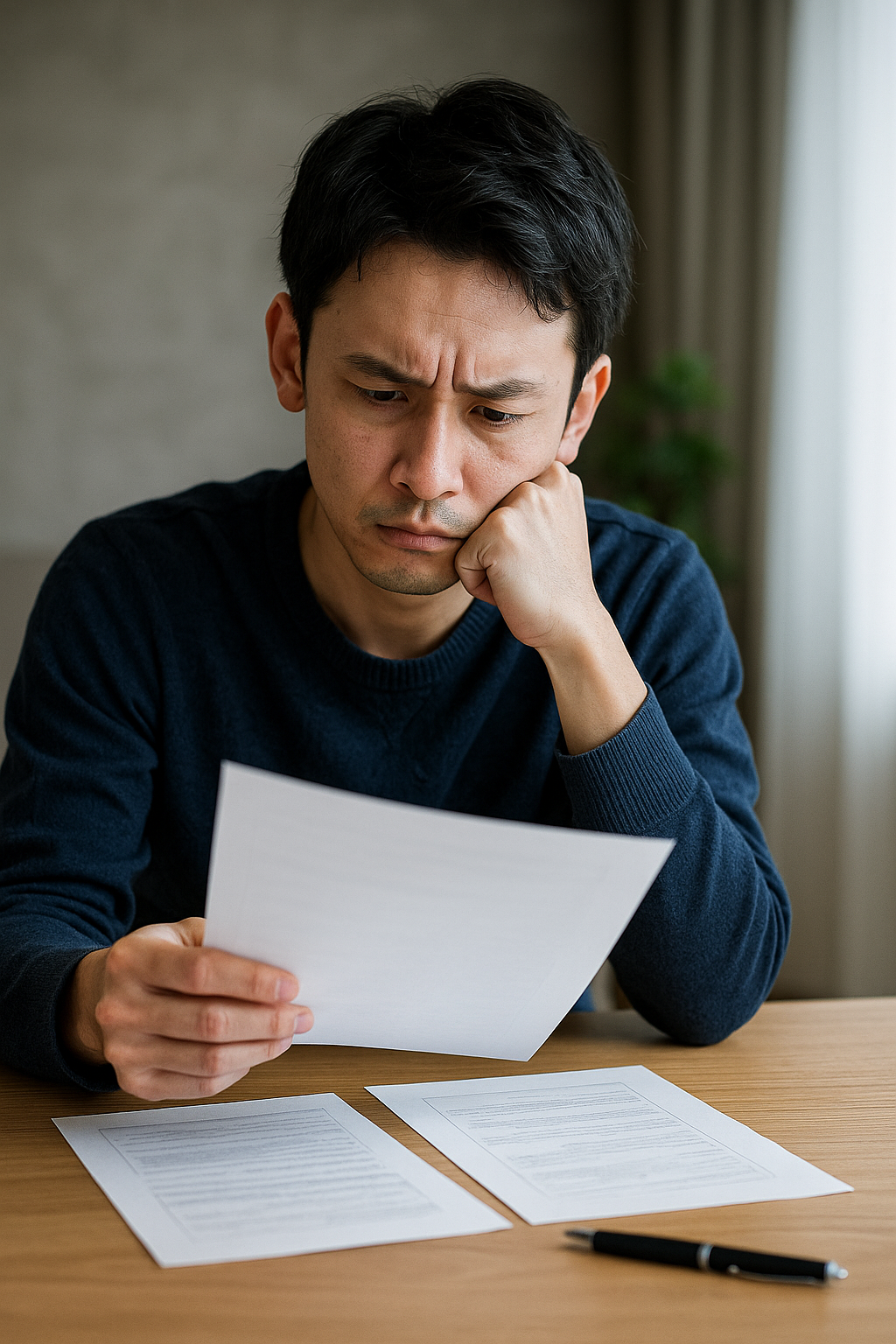 悩んだ表情で資料を見つめる日本人男性。自己破産と個人再生の違いに迷っている様子。
