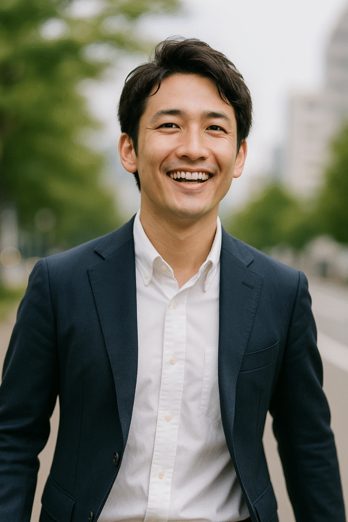 "明るい表情で未来に希望を持つ日本人男性"