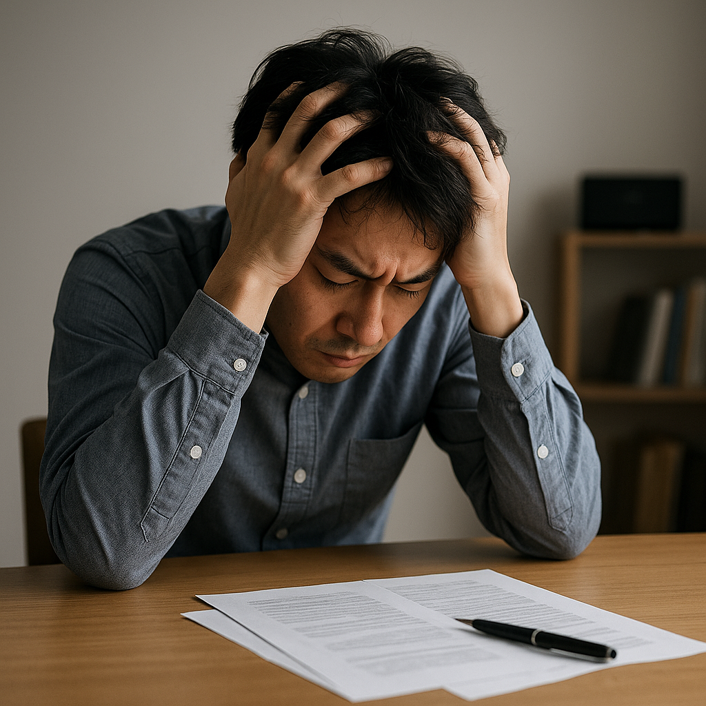 借金の返済に追われ、机に向かって頭を抱える男性