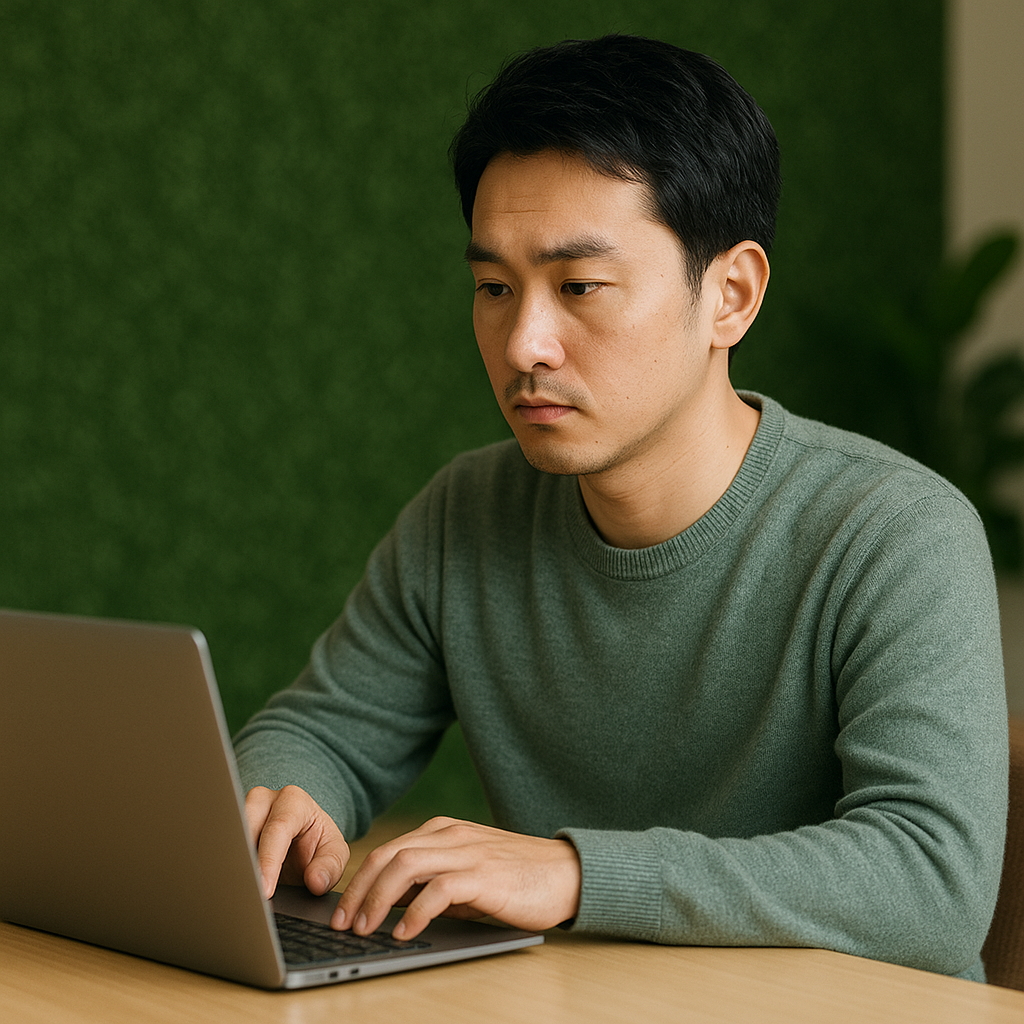 パソコンで操作する日本人男性。緑を基調とした安心感のある構図。司法書士に相談する前の不安と希望を表現