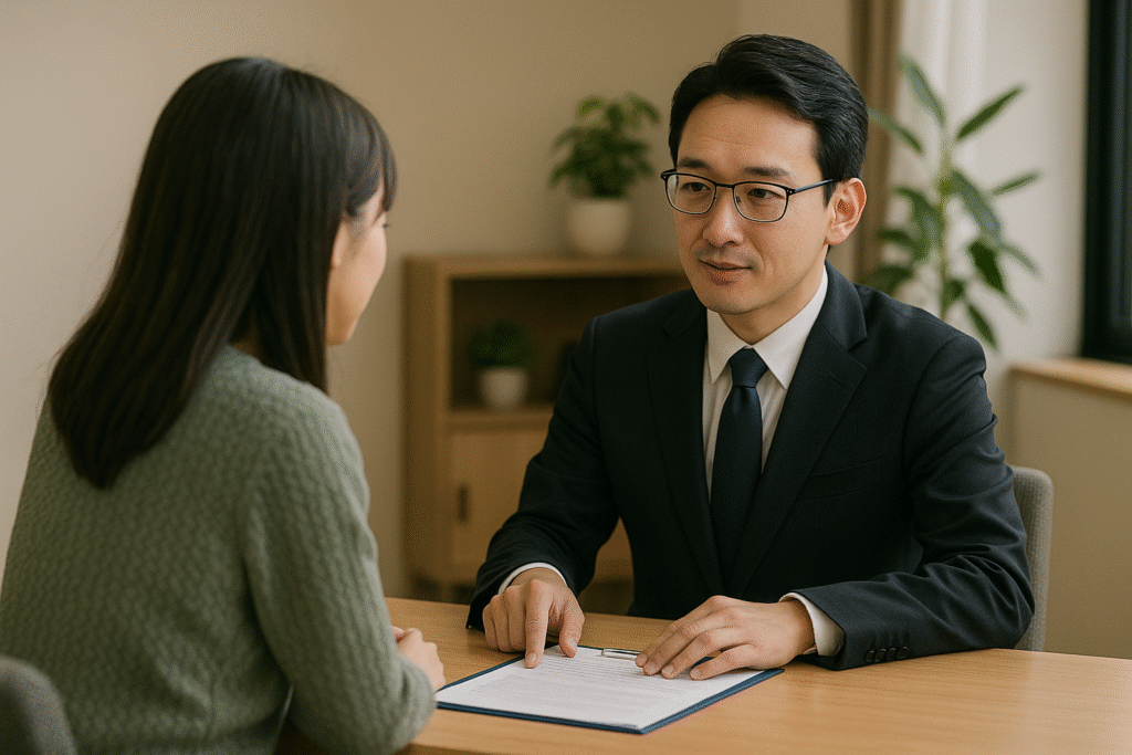 相談デスクで司法書士が依頼者に丁寧に説明している様子。落ち着いた雰囲気のオフィスで、信頼感を感じさせる