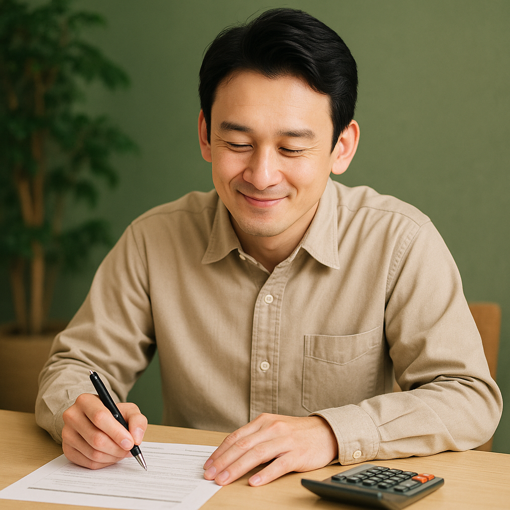 書類と電卓を前に、任意整理の費用を計算している日本人男性。金額を確認しながら安心した表情を浮かべるシーン