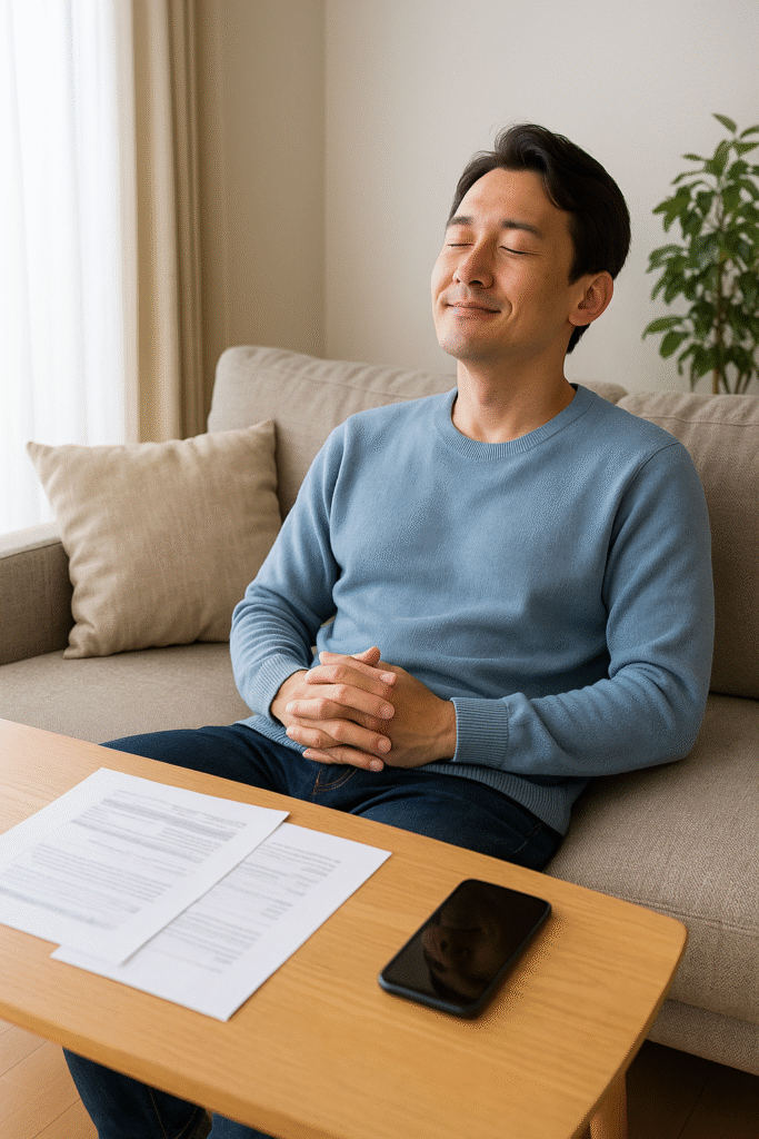 債務整理が進み、生活を立て直して安心する依頼者のイメージ