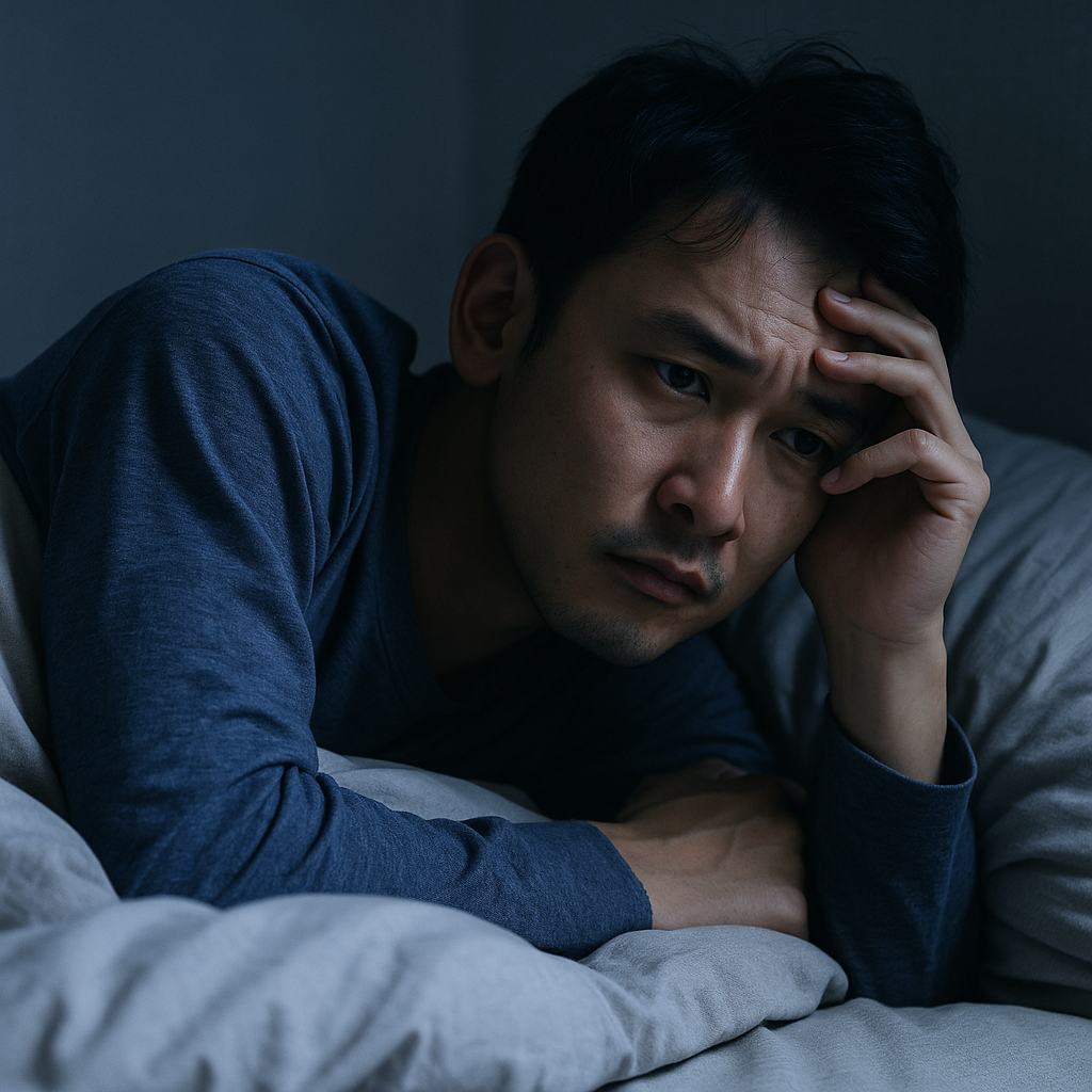 借金に悩み、夜眠れずに布団の中で不安な表情をする男性