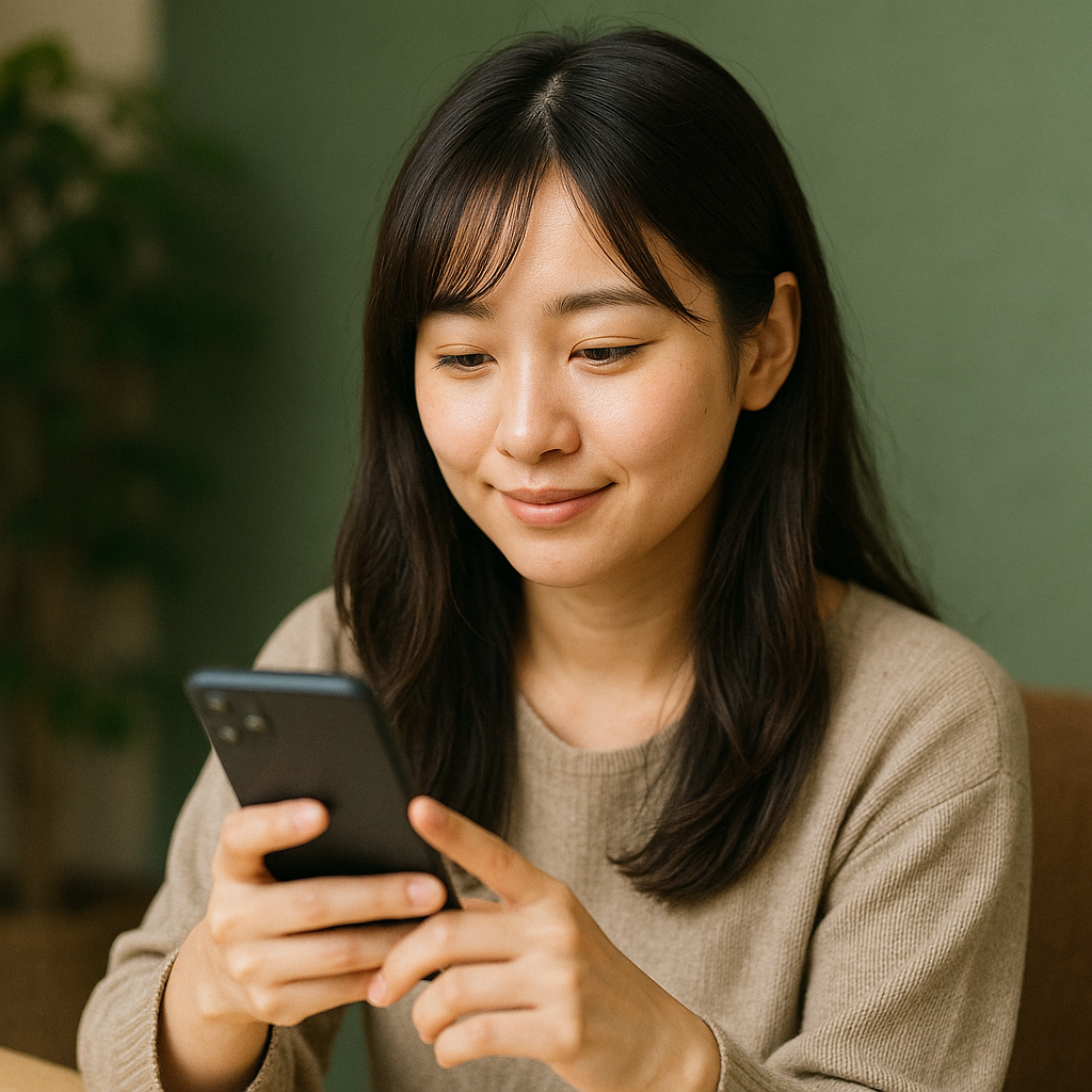 スマートフォンを手に減額診断フォームを操作する日本人女性。匿名で診断できる安心感と手軽さを表す構図。