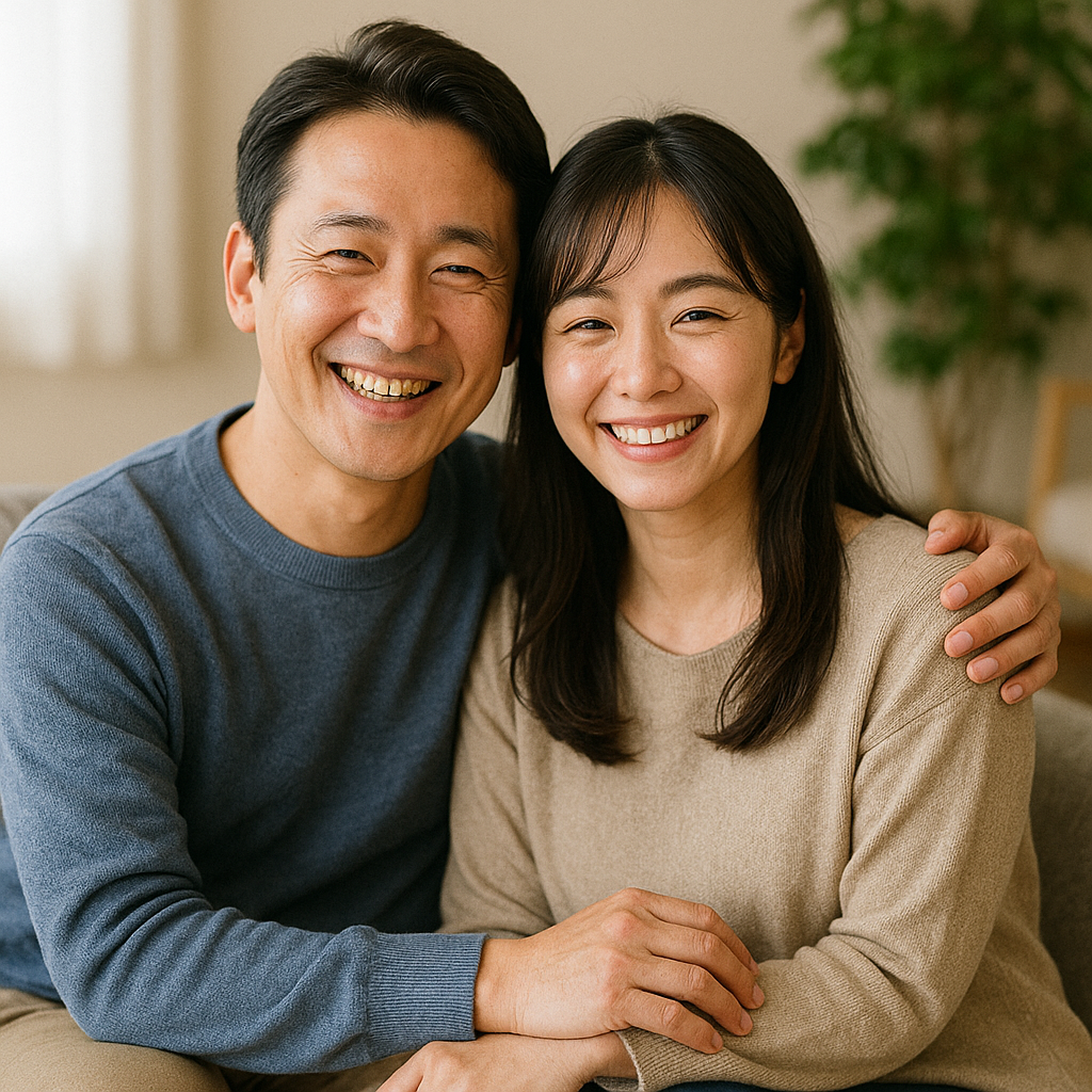 借金問題を解決し、笑顔で家族と過ごす日本人夫婦。新しい生活のスタートを象徴する温かい雰囲気のイメージ。