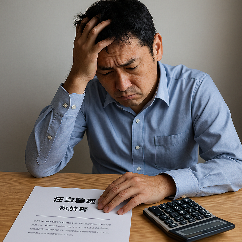 任意整理の和解書と電卓を前に、返済計画に頭を抱える日本人男性。ボーナス払いの危険性を象徴するシーン。
