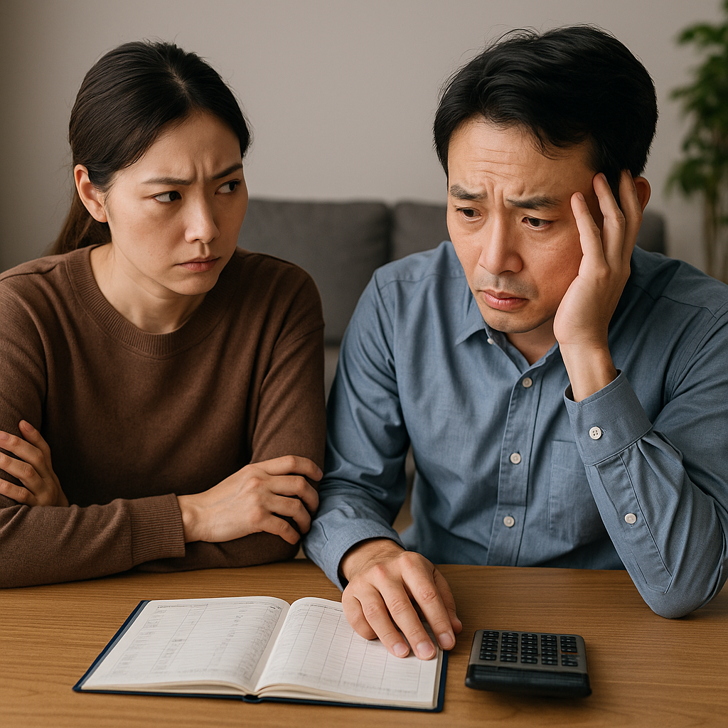 家計簿を前に、厳しい表情の妻と困惑する夫。返済遅延が家庭に影響する様子を表現した日本人夫婦のイメージ。
