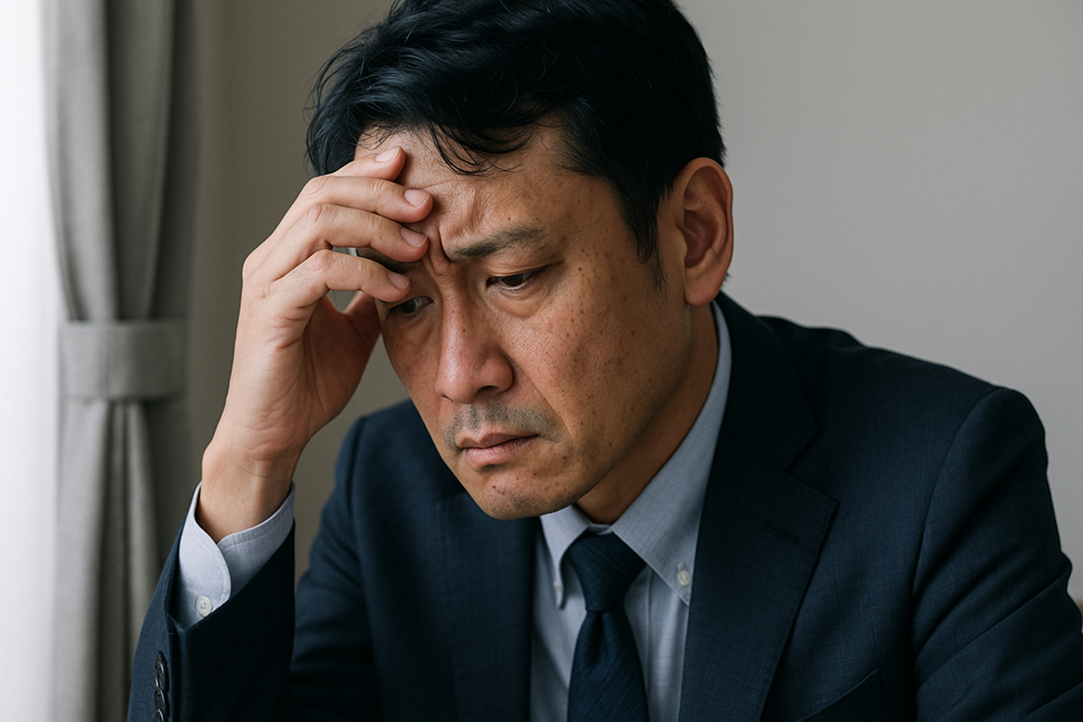 ボーナスが出ず任意整理の返済計画が崩れ、不安そうに頭を抱える日本人男性。債務整理のボーナス払いによる失敗をイメージした写真。