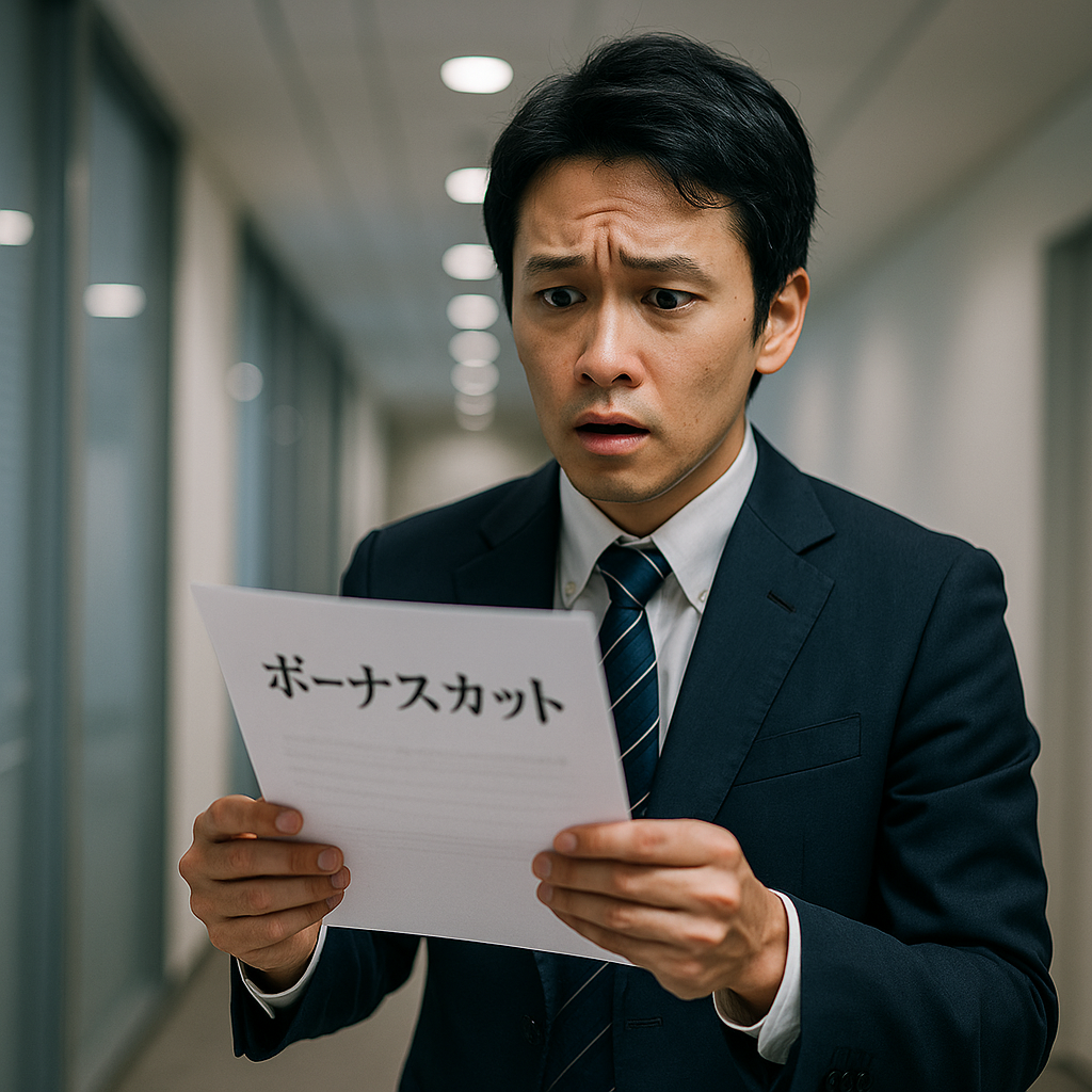 会社からのボーナスカット通知を見て驚き、不安そうに立ち尽くす日本人男性。任意整理の返済計画が崩れた状況を表す。
