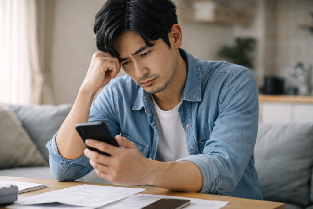 借金の支払いに悩みスマホを見つめる30代男性|相談するか迷っている状態