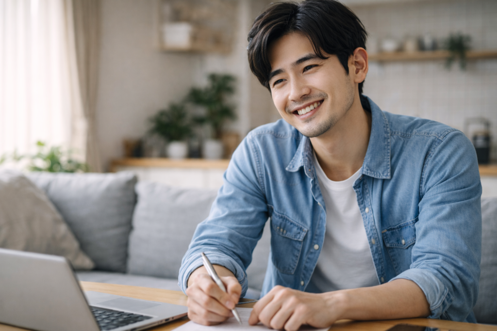 借金の相談後に安心した表情を見せる30代男性|問題解決への一歩を踏み出した様子