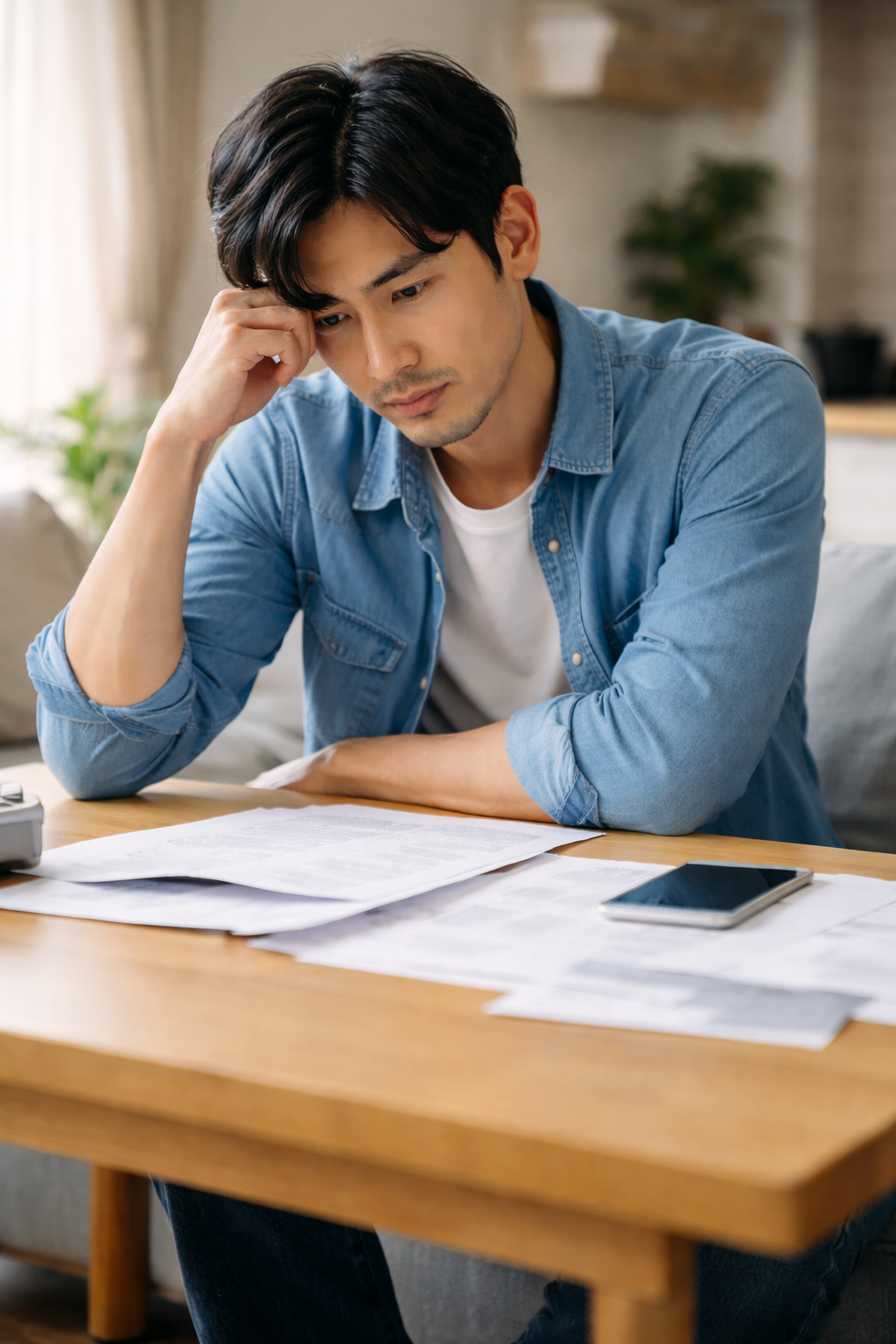 借金の返済書類を前に悩み込む30代男性の様子｜相談先を探しているイメージ