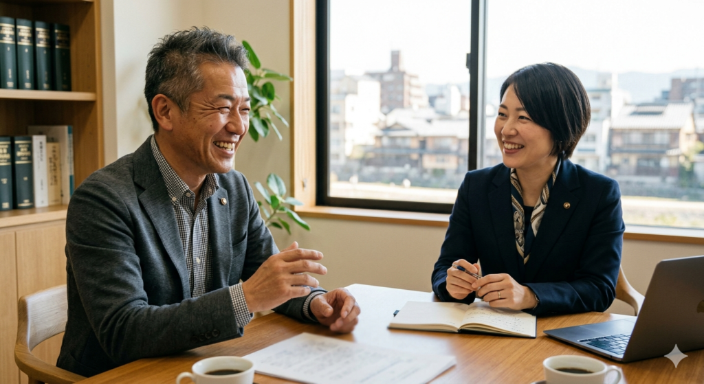 弁護士と談笑する依頼者