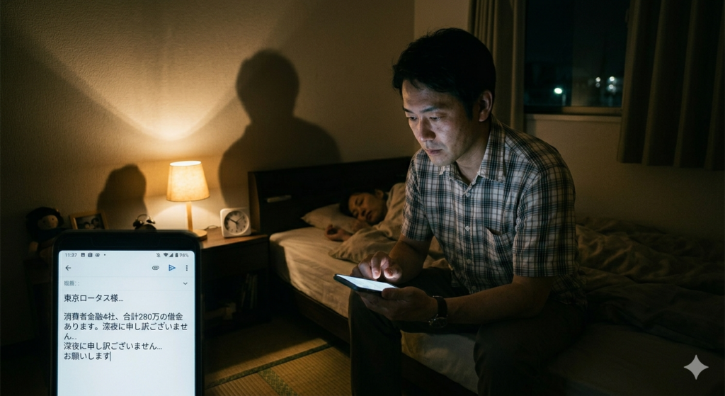 家族が寝静まった深夜に弁護士に相談メールをする男性
